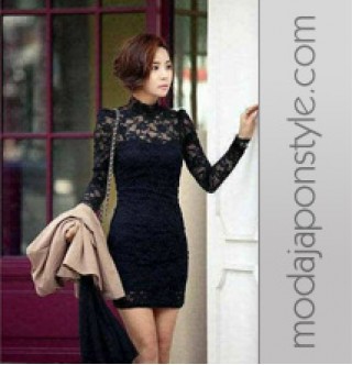 Japon Style Siyah Mini Dantelli Elbise